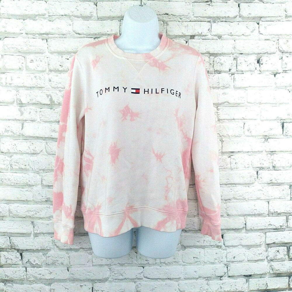 Tommy Hilfiger Sweatshirt Womens Small Pink Tie-Dye Embroidered Logo Crew Neck
